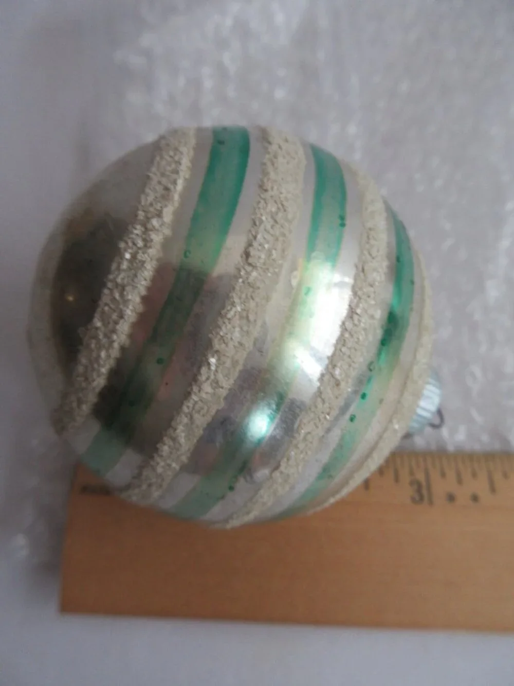 3 Shiny Brite Striped Mica Glass Christmas Ornaments Green, Pink, White Vtg